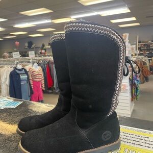 Black Suede Knee-High Boots with Embroidered Trim